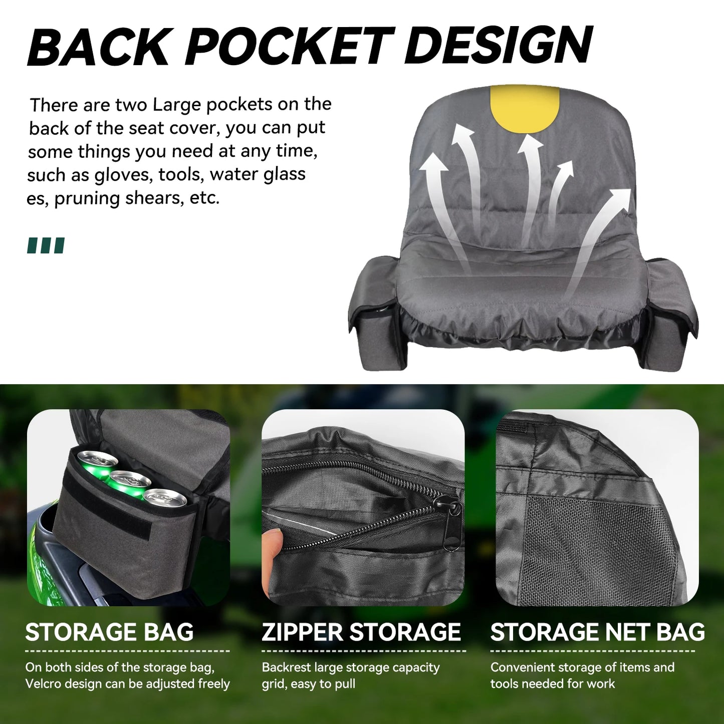 Waterproof Lawn Mower Seat Cover UV Resistant Tractor Protector + Pockets