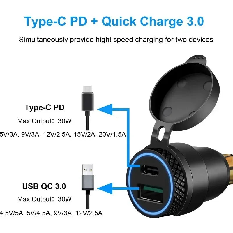 Motorcycle Waterproof Charger 30W USB Hella DIN Plug PD for BMW Ducati Triumph
