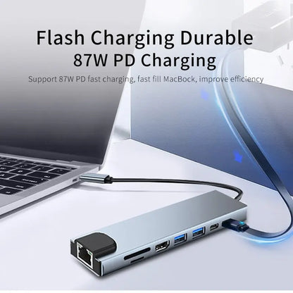 USB Hub Adapter 8 in 1 4K HDMI SD TF Card Reader PD Fast Charge for Laptop