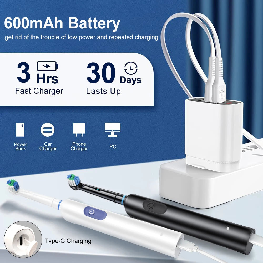 Electric Toothbrush Rechargeable Brush Rotating 8 Heads USB Timer Adults