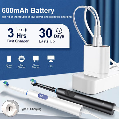 Electric Toothbrush Rechargeable Brush Rotating 8 Heads USB Timer Adults