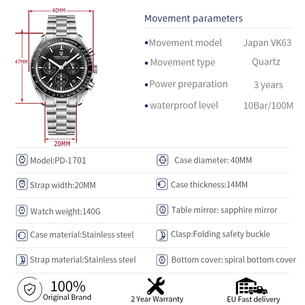 PAGANI DESIGN 2024 New Men's Watches Top Luxury Quartz Watch For Men Auto Date Speed Chronograph AR Sapphire Mirror Wrist watch-EXPROTAS