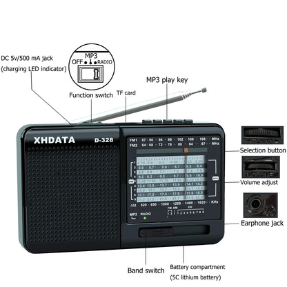 XHDATA D-328 Portable Radio Bluetooth AM/FM/SW MP3 Player TF Card