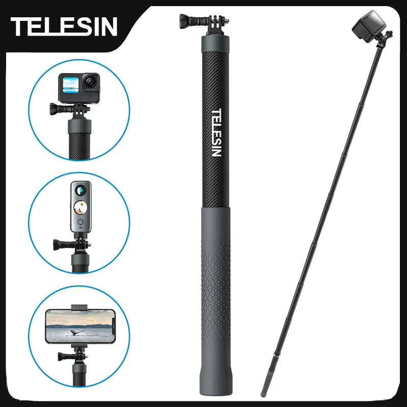 TELESIN 1.2-3M Carbon Fiber Selfie Stick, Extendable w/ 1/4 Screw for GoPro, Insta360, DJI Osmo Action