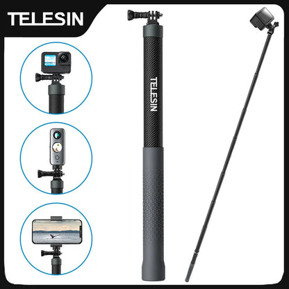 TELESIN 1.2-3M Carbon Fiber Selfie Stick, Extendable w/ 1/4 Screw for GoPro, Insta360, DJI Osmo Action