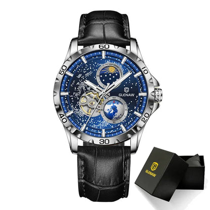 GLENAW Rotating Earth Double Second Hand WristWatch Men Automatic Mechanical Watch Starry Sky Stainless Steel Leather Watchband-EXPROTAS