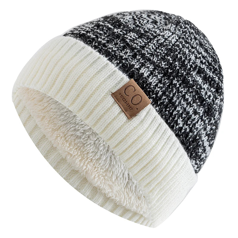 Unisex Two-tone Winter Hats Fur Lined Warm Beanie Cap for Men Women