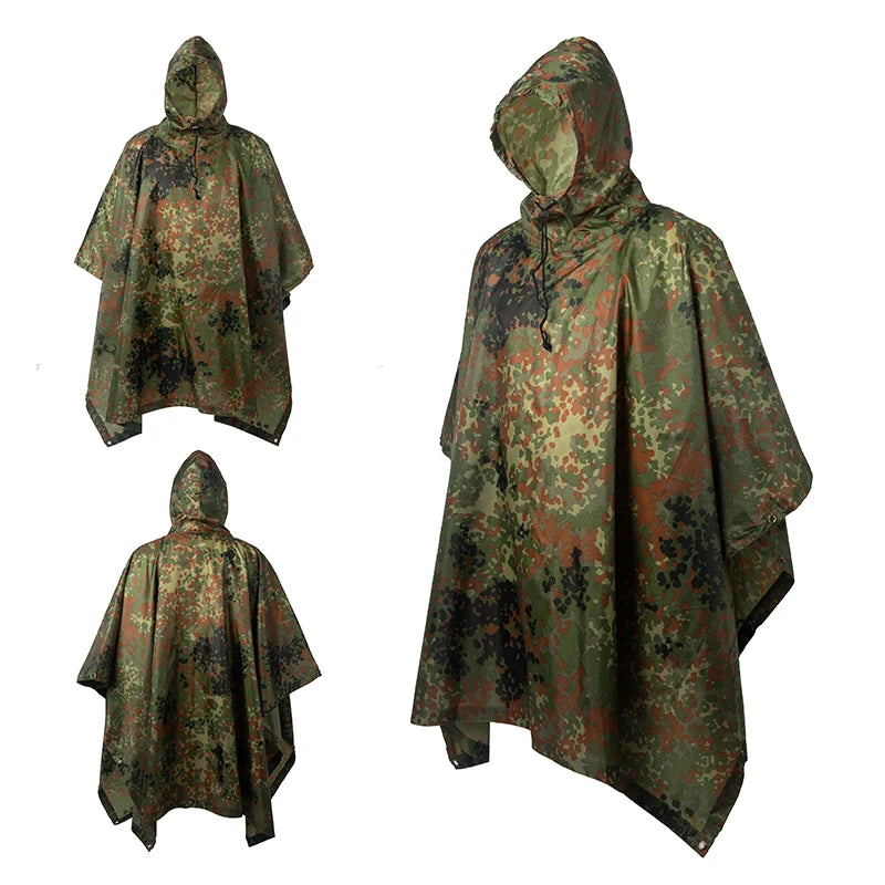 Men's Military Camo Waterproof Raincoat, Impermeable Zipper Rain Poncho for Motorcycle