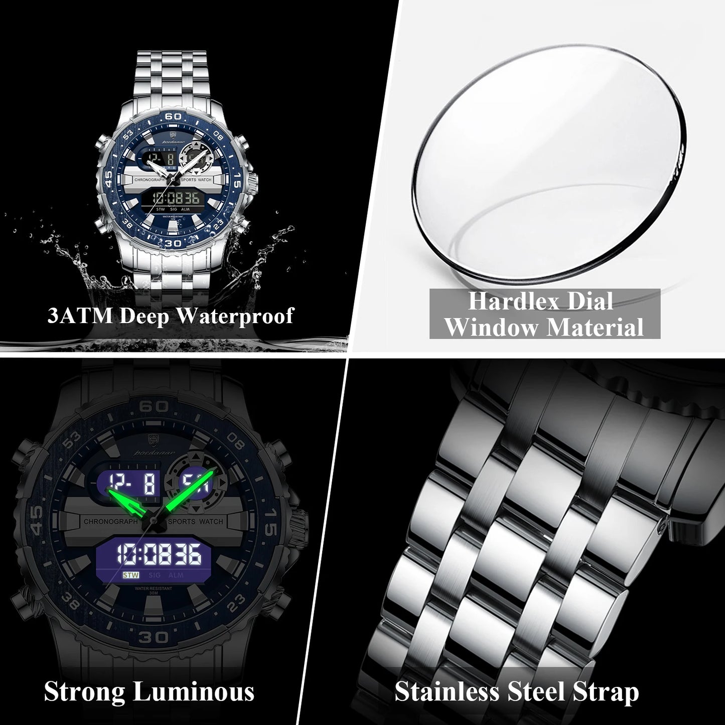 Stainless Steel Poedagar Men’s Waterproof Quartz Luminous Wristwatch Date