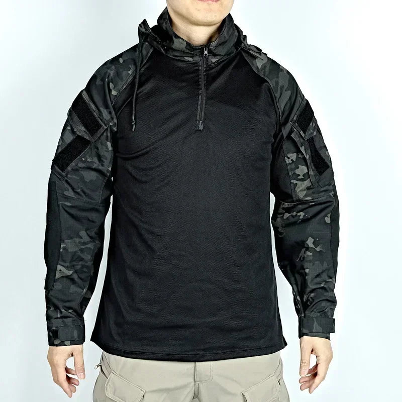 Tactical Combat Shirt 1/4 Zip Long Sleeve Men Camo Cotton Ripstop Military Top