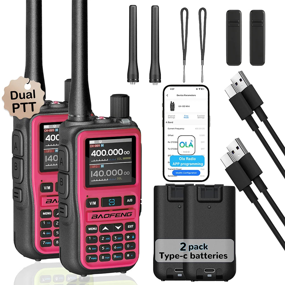 2 Pack Baofeng Walkie Talkie Mini Dual Band Radio 5W Bluetooth Type-C