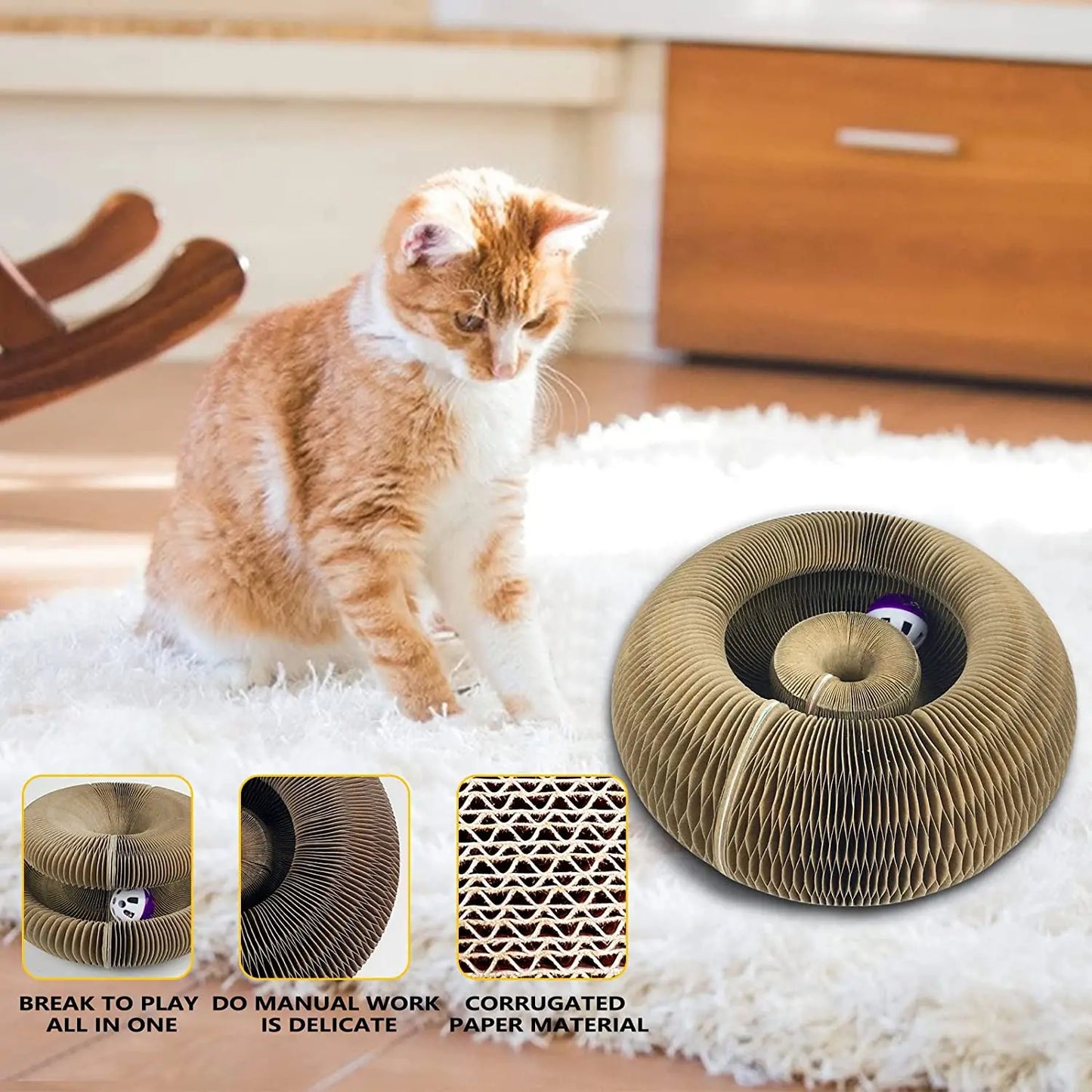 Magic Cat Scratch Board Toy with Ball Round Corrugated Claw Grinding Climbing Pad
