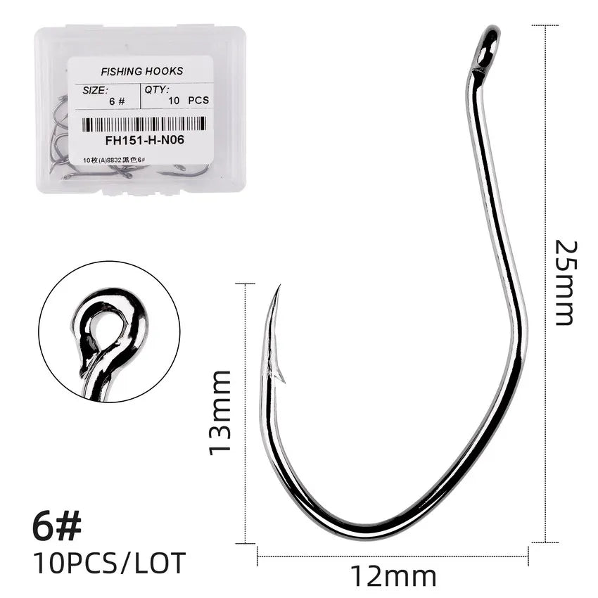 10Pcs Fishing Hooks Barbed Carbon Steel Circle Hook 6/0-10 Catfish Tackle
