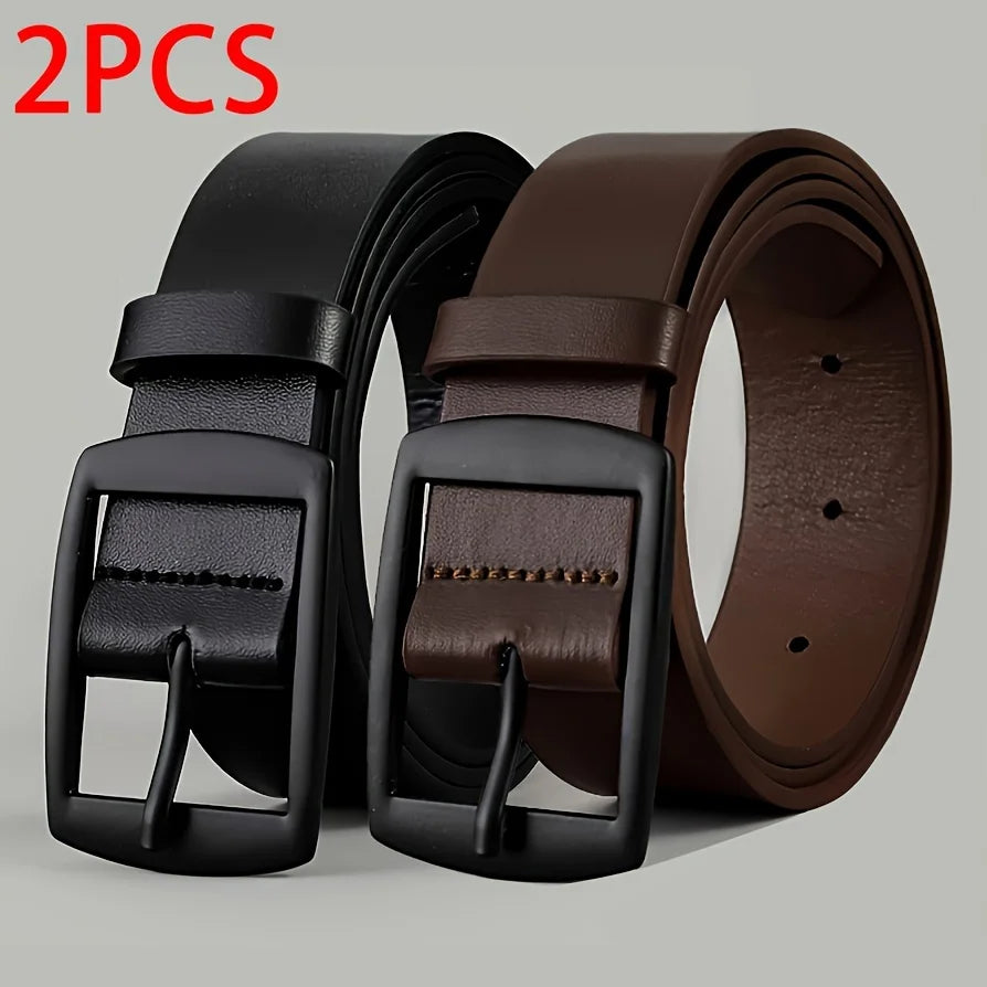 2PC PU Leather Belt for Men Luxury Metal Pin Buckle Jeans Waist Strap