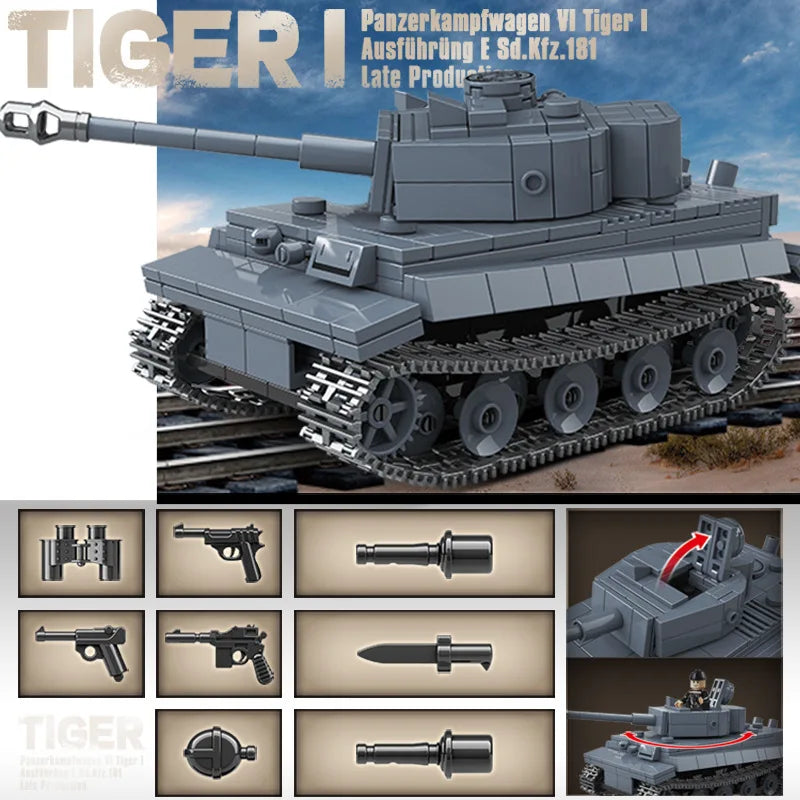 WW2 German Tiger I Tank Building Blocks Military Toy Set for Kids
