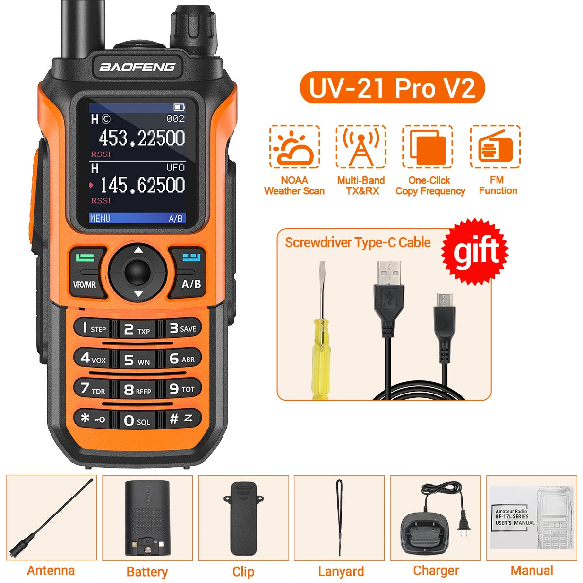 Baofeng UV-21 Pro V2 Wireless Copy Frequency Tri Band Powerful Waterproof Long Range UV-5R 22Pro S22 Type-C Two Way Radio-EXPROTAS