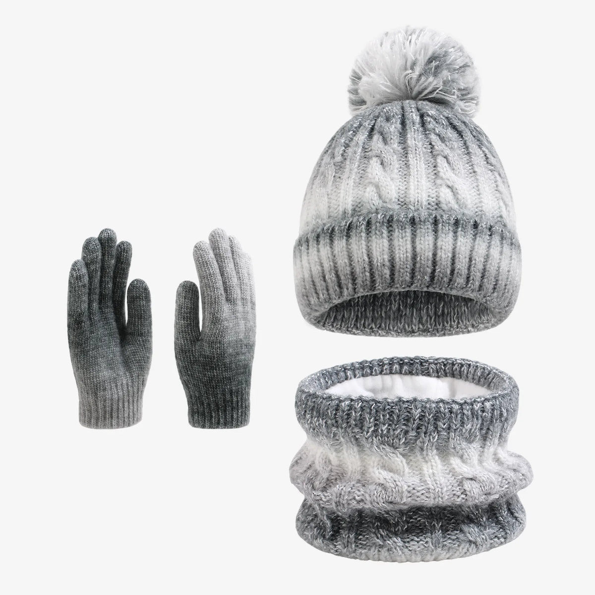 Kids Winter Hat Scarf Gloves 3Pcs Set Warm Knitted Beanie Pom
