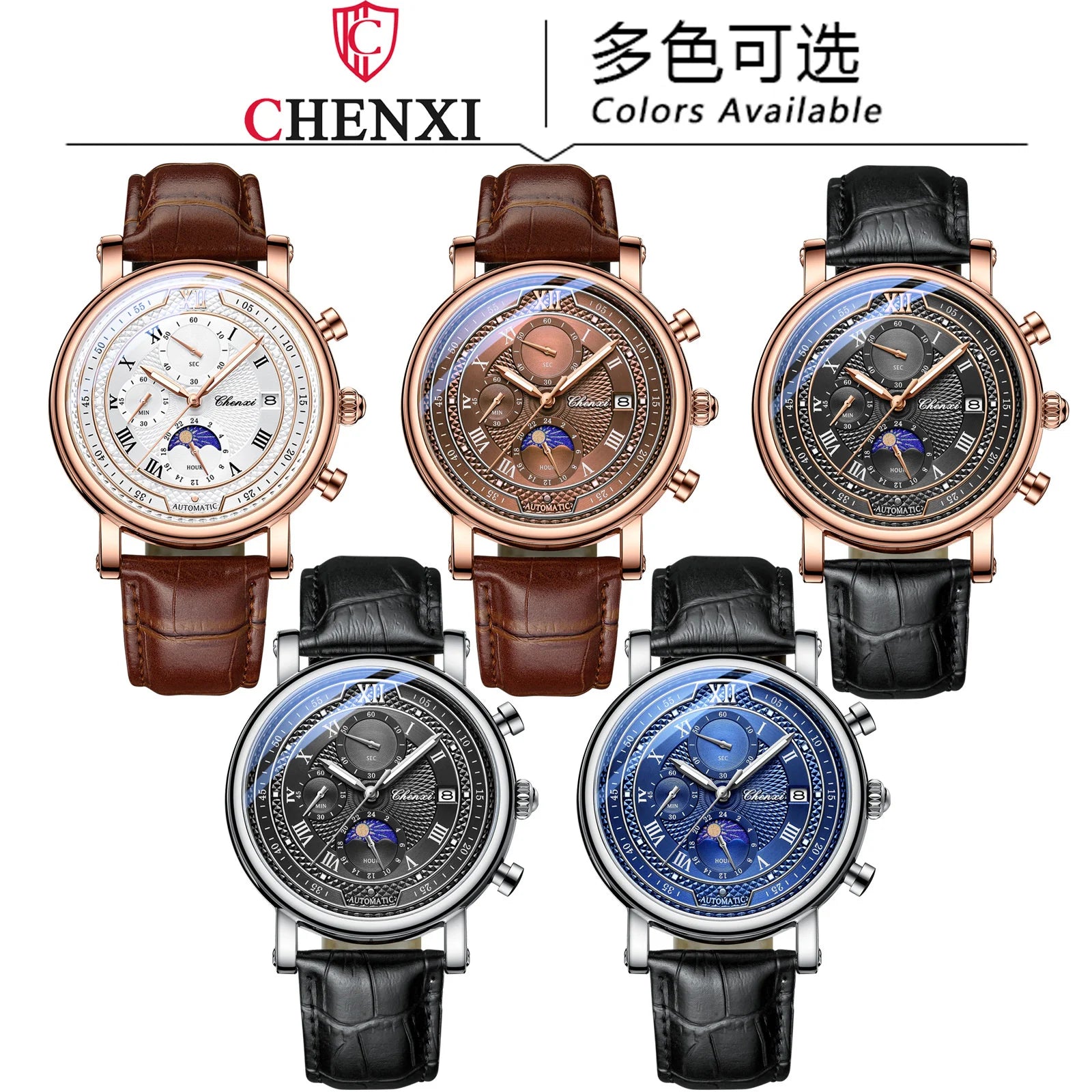 Chenxi 976 Leather Chronograph Date Men's Phase Of The Moon Timing Business Luminous Quartz Watch Relojes para hombres-EXPROTAS