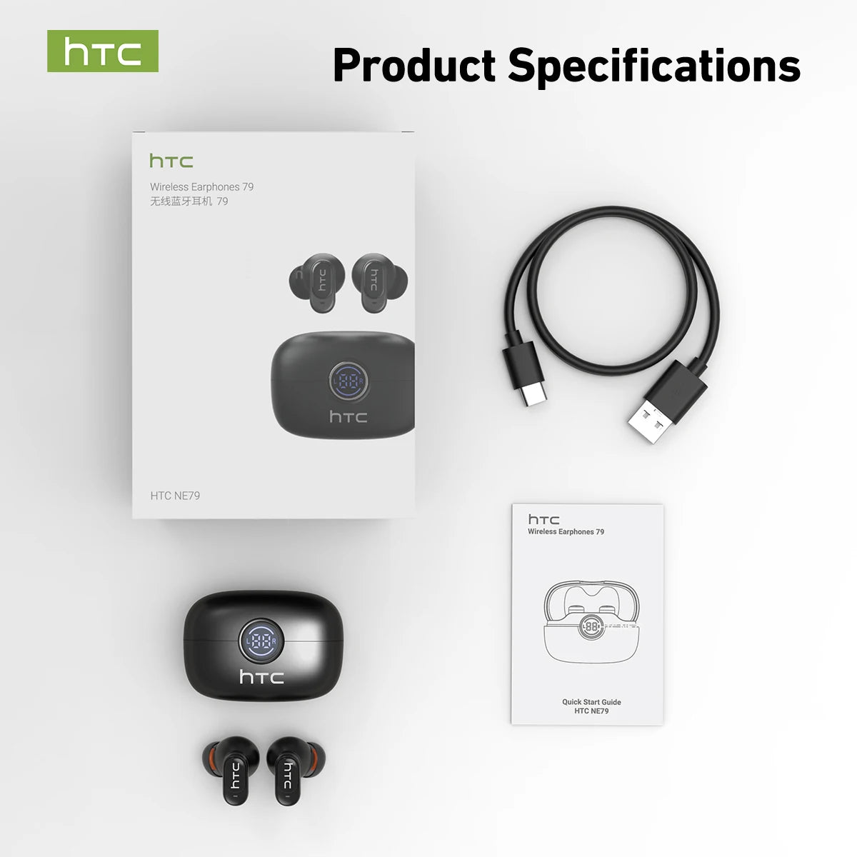 HTC NE79 Wireless Bluetooth Earbuds TWS 6.0 AI Translation 135 Languages Black