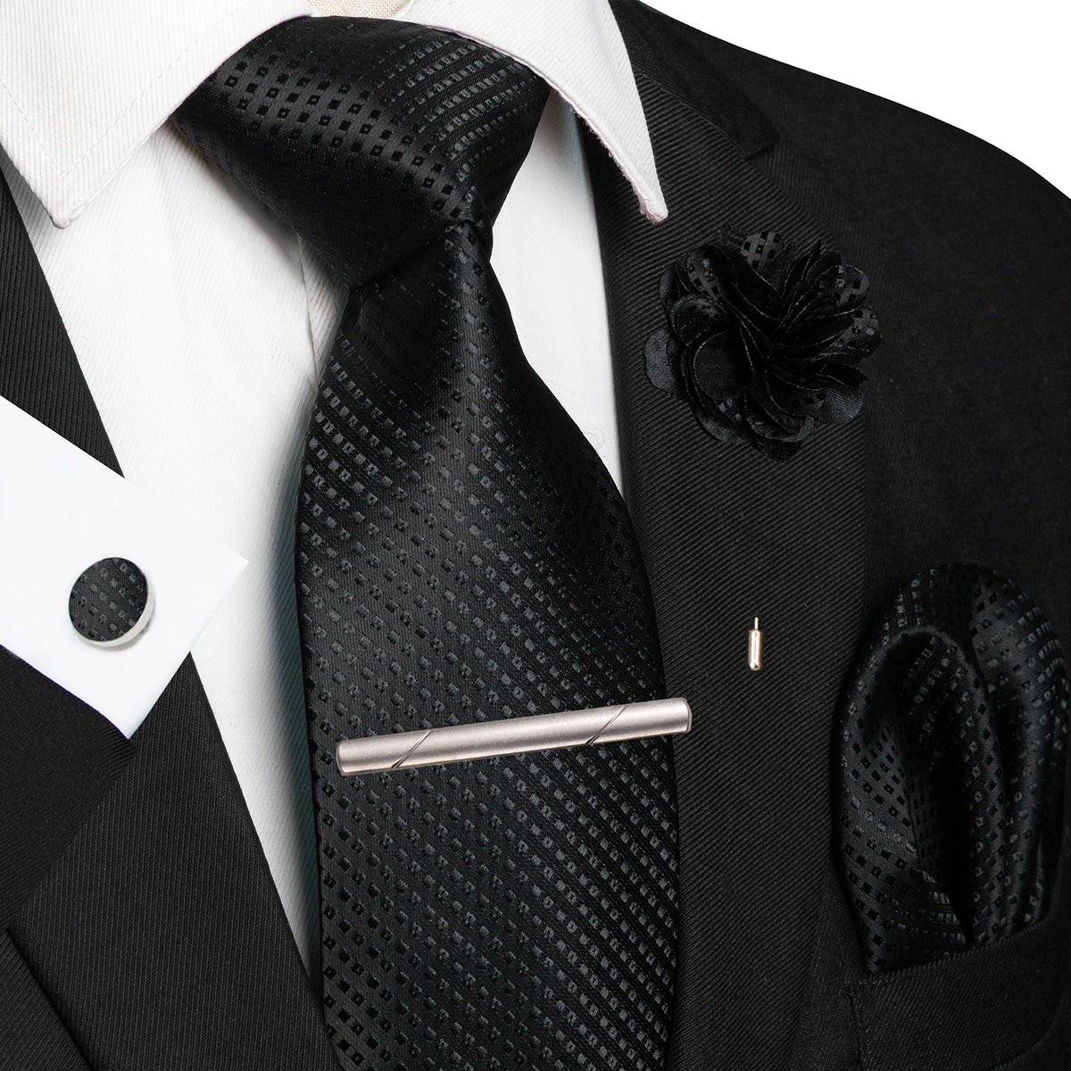 Men's Plaid Tie Clip Set with Pocket Square Cufflinks Wedding Accessories