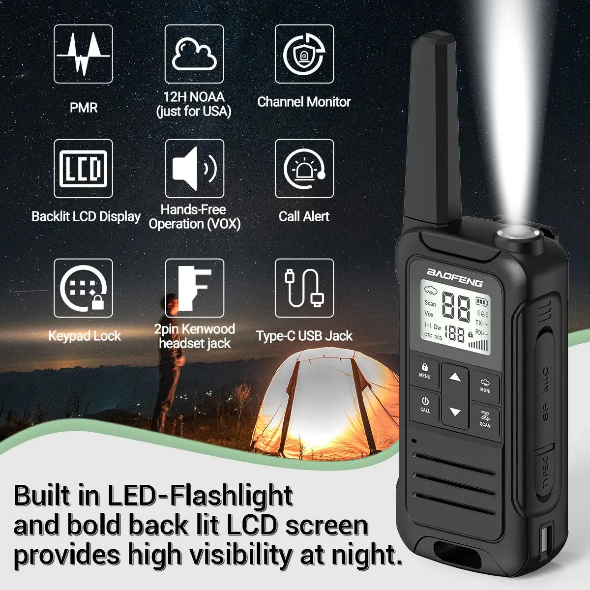 2pcs Two Way Radio Walkie Talkie Long Range Portable Rechargeable for Camping
