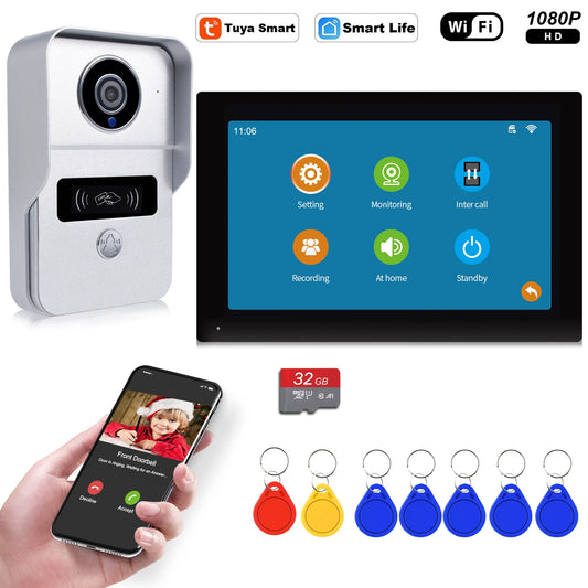 Wireless Wifi Video Doorbell System, 1080P Doorphone Door Camera, 7 Inch Touch Screen, Video Intercom 32GB SD card for Home-EXPROTAS