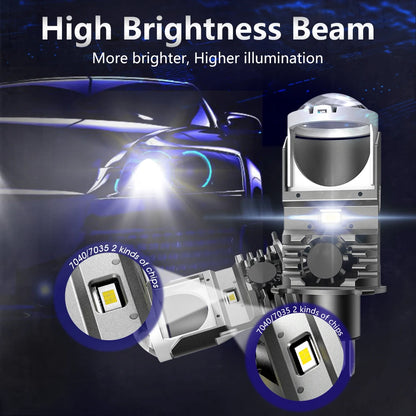 2 Piece Mini Lens Headlight Projector 12V 60W/Bulb High/Low Beam Big Turbo Fan Cooling Bright Big Chips 6000K for Motorcycle Car-EXPROTAS