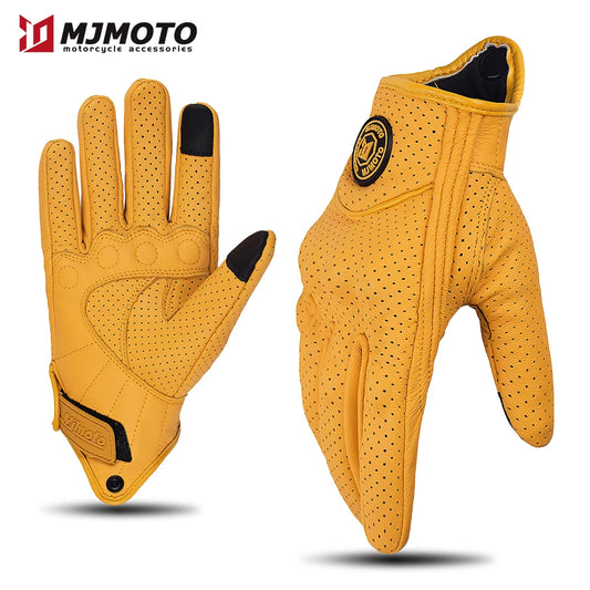 Retro Yellow Leather Motorcycle Gloves Men Women Breathable Perforated Motorbike Racing Gloves Touch Screen Motocross Moto Glove-EXPROTAS