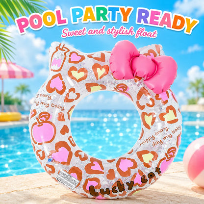 1PC Cute Cat Inflatable Swim Ring with Bowknot, Pool Floats Tube, Summer Water Toy Beach Swimming Circle for Family Pool Use