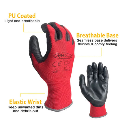 24 Pairs Work Gloves Safety Coated Grip Builders Gardening PU Black