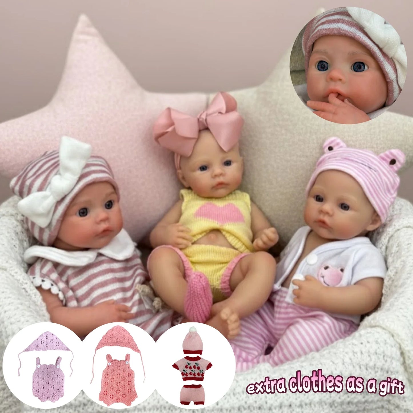 13 Inch Silicone Reborn Baby Girl Doll Open Mouth Waterproof 2 Outfits Painted