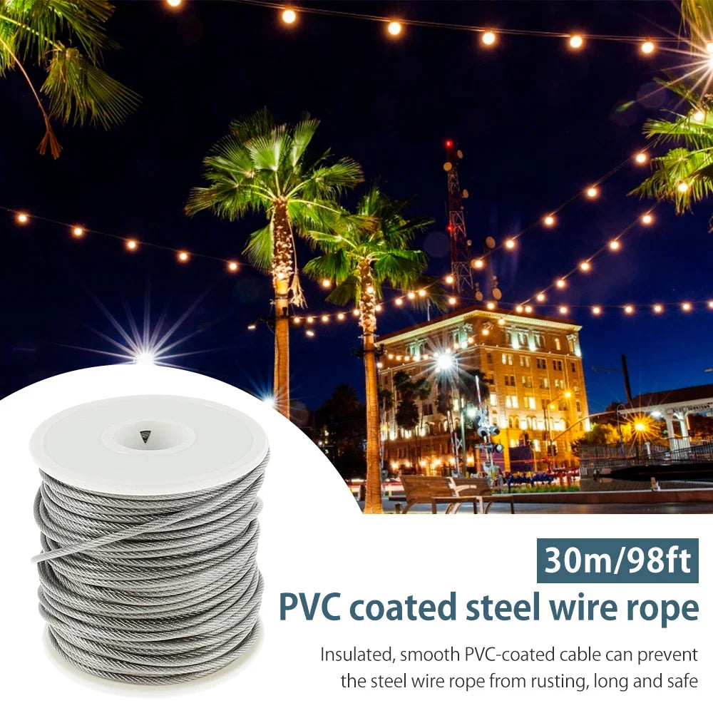 15/30M PVC Coated Steel Wire Rope Kit 304 Cable for Fence Balcony Garden