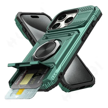 iPhone 11-16 Pro Max Ring Kickstand Wallet Case Heavy Duty Shockproof Cover