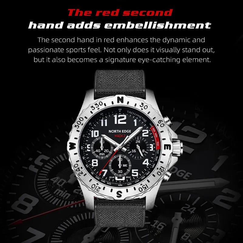 NORTH EDGE 2025 MACH 2 Men's Watches Solar Power 316 stainless steel Case Quartz Watch For Men Pilot Waterproof 50M Stopwatch-EXPROTAS