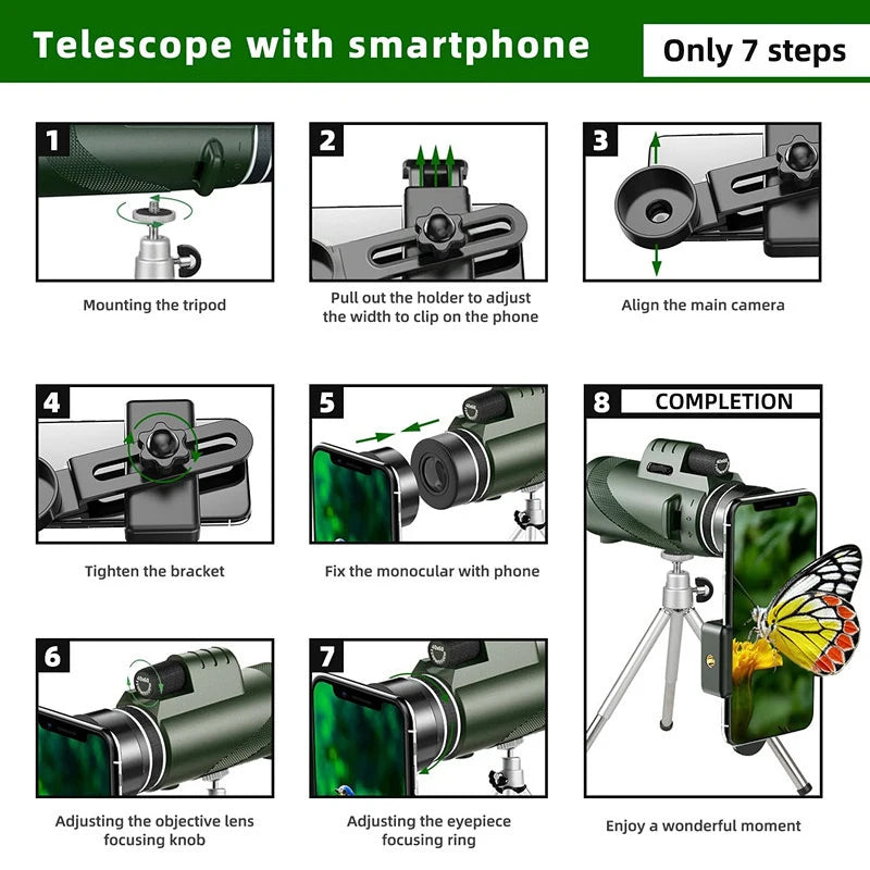 80x100 HD Zoom Monocular Telescope Tripod Phone Clip Hunting Camping
