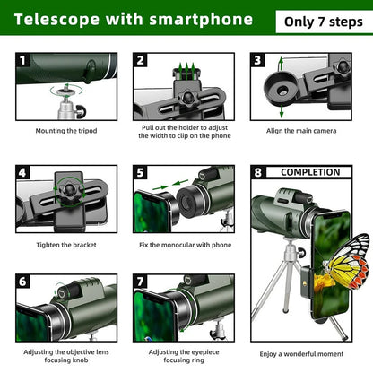 80x100 HD Zoom Monocular Telescope Tripod Phone Clip Hunting Camping