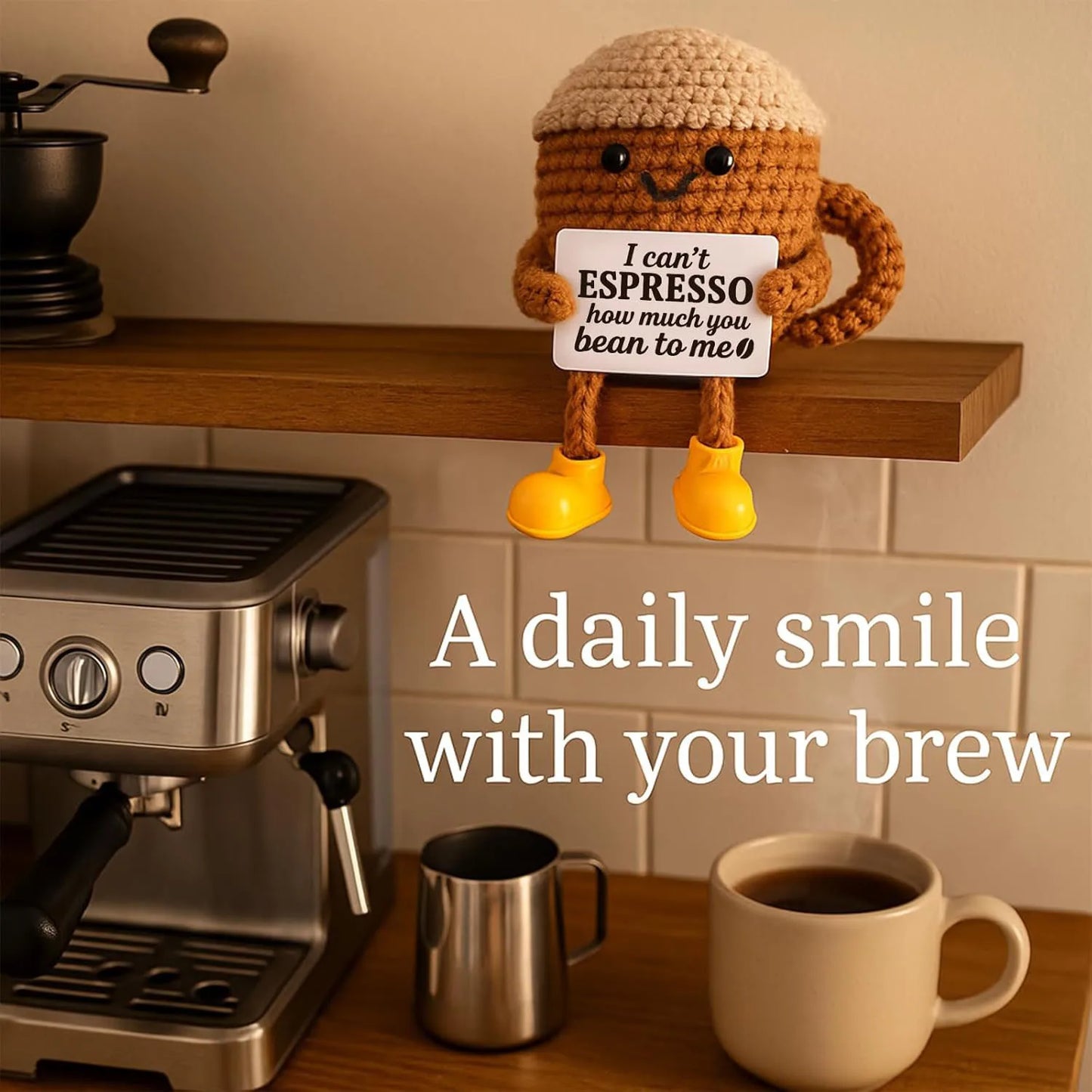 Funny Crochet Emotional Support Coffee Doll Handmade Desk Ornament Gift