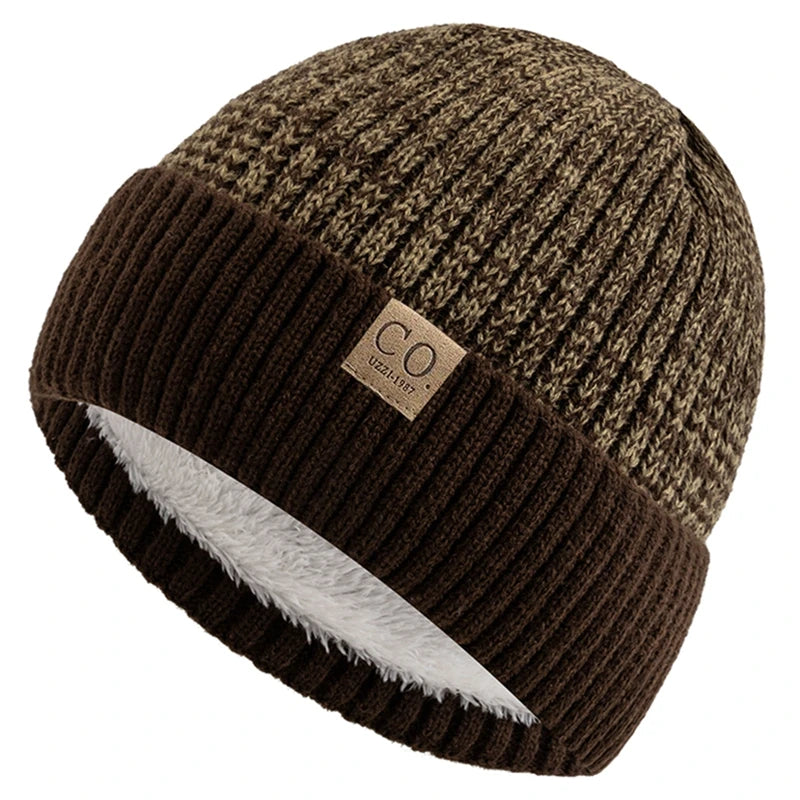 Unisex Two-tone Winter Hats Fur Lined Warm Beanie Cap for Men Women