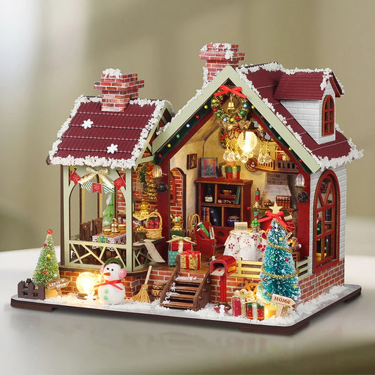 DIY Wooden Dollhouse Christmas Lodge Miniatures with LED Lights Assembly Model Gift - EXPROTAS