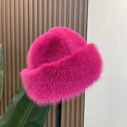 Fluffy Fur Bucket Hat Women Winter Warm Plush Fisherman Cap Thick