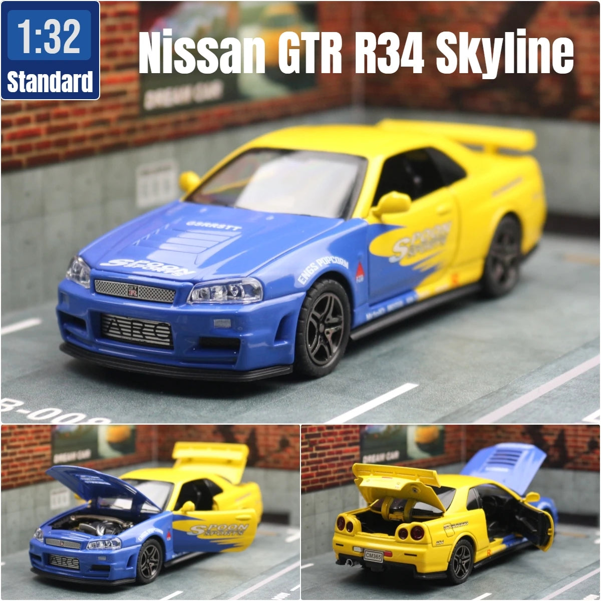 1/32 Nissan Skyline GTR R34 Diecast Model Car Sound Light JDM Toy Kids