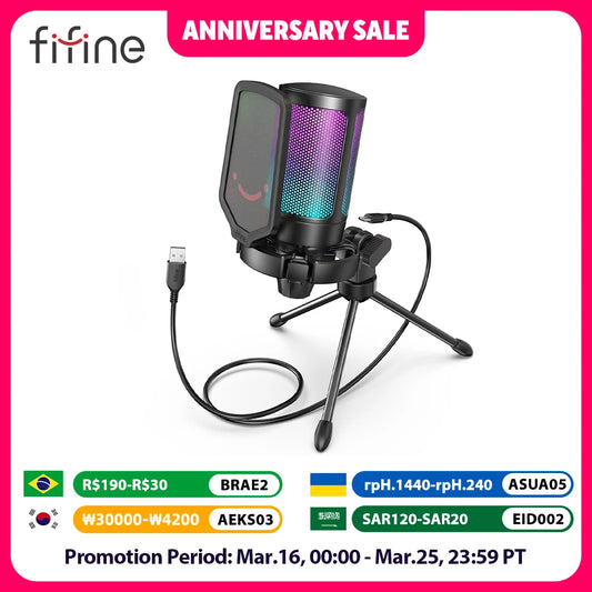 FIFINE Ampligame A6V USB Condenser Gaming Microphone with Pop Filter Shock Mount Gain Control for PC PS4 PS5 Mac