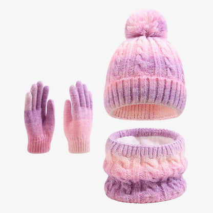 Kids Winter Hat Scarf Gloves 3Pcs Set Warm Knitted Beanie Pom