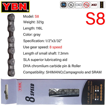 YBN Bike Chain 8–12 Speed MTB Road 116/126 Links Compatible Shimano XT - EXPROTAS