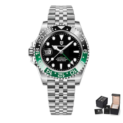 PAGAN DESIGN PD-1662 Luxury GMT Men Mechanical Wristwatch Sapphire Glass Stainless Steel 100M Waterproof Automatic Watches-EXPROTAS