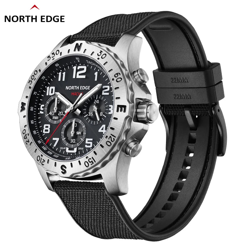 NORTH EDGE 2025 MACH 2 Men's Watches Solar Power 316 stainless steel Case Quartz Watch For Men Pilot Waterproof 50M Stopwatch-EXPROTAS