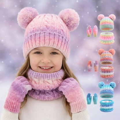 Kids Winter Hat Scarf Gloves 3Pcs Set Warm Knitted Beanie Pom