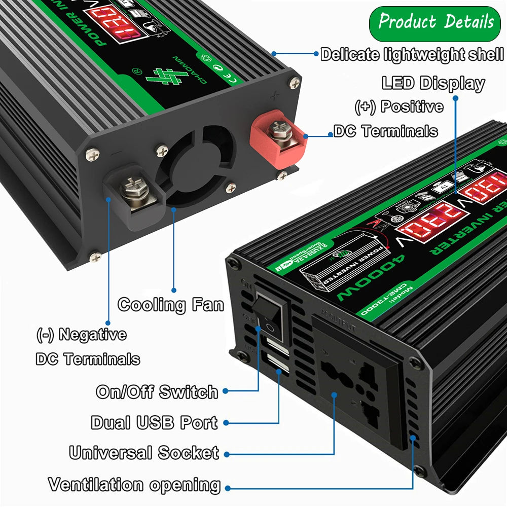 4000W 12V DC to 110/220V AC Power Inverter Dual USB LCD Camping RV