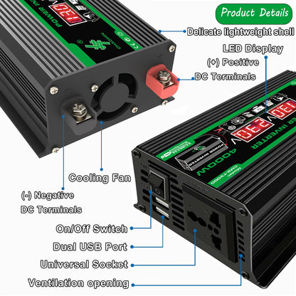 4000W 12V DC to 110/220V AC Power Inverter Dual USB LCD Camping RV