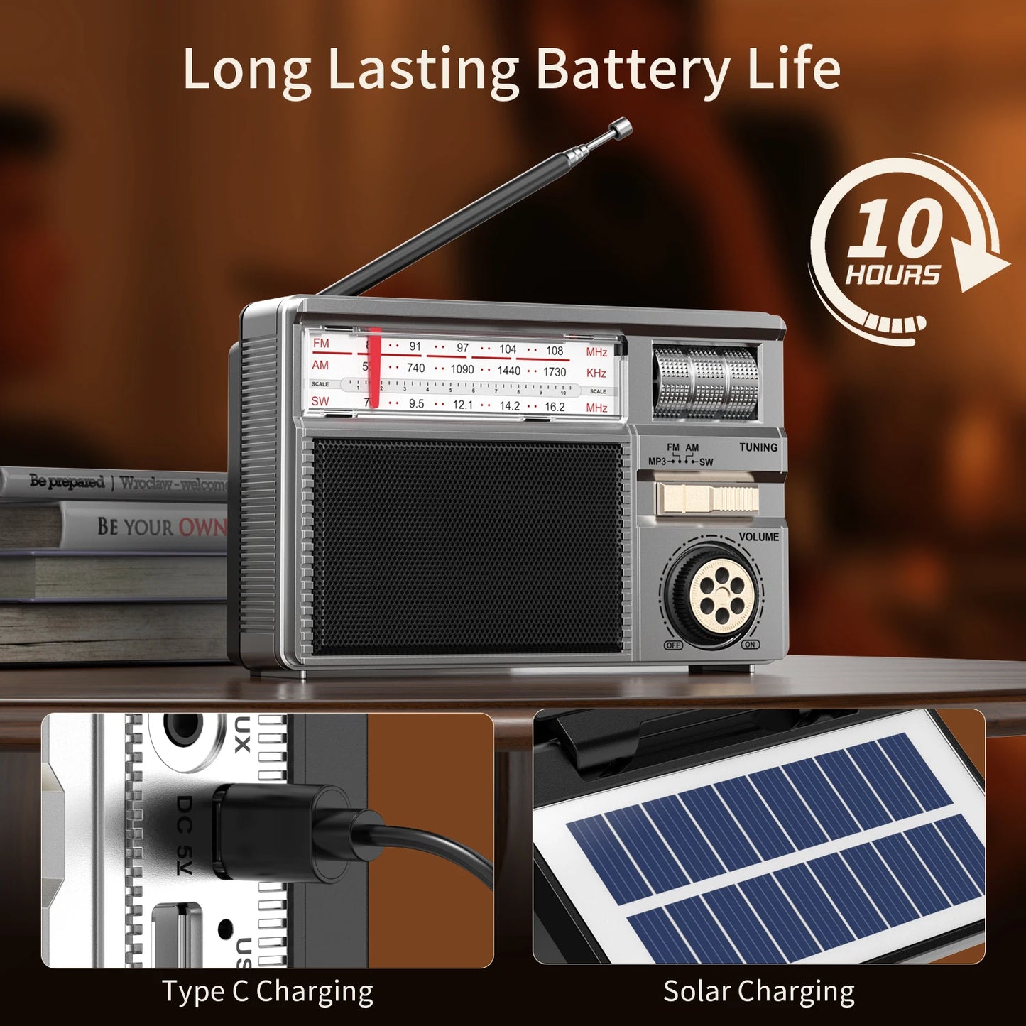 Long-lasting Battery Wireless Retro All-Band Radio with Multi-Mode Charging